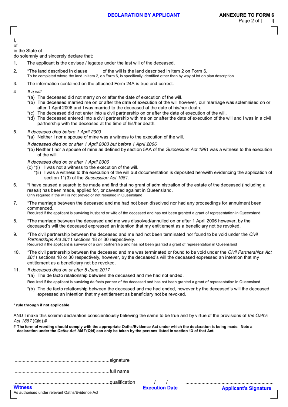 Form 6 Transmission Application for Registration as Devisee / Legatee - Queensland, Australia, Page 2
