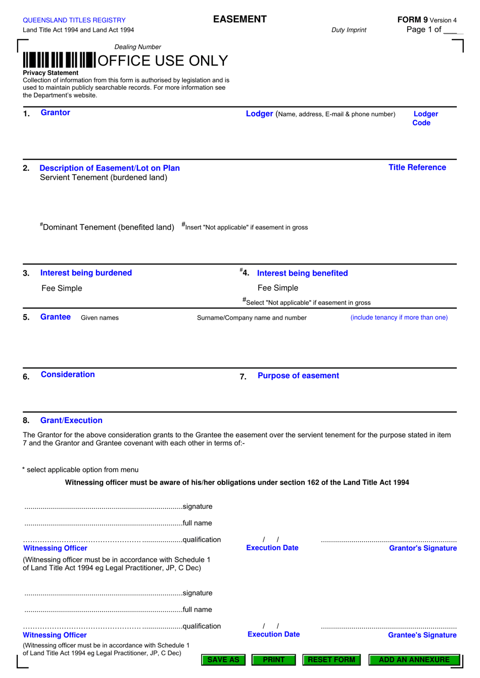 Form 9 Easement - Queensland, Australia, Page 1