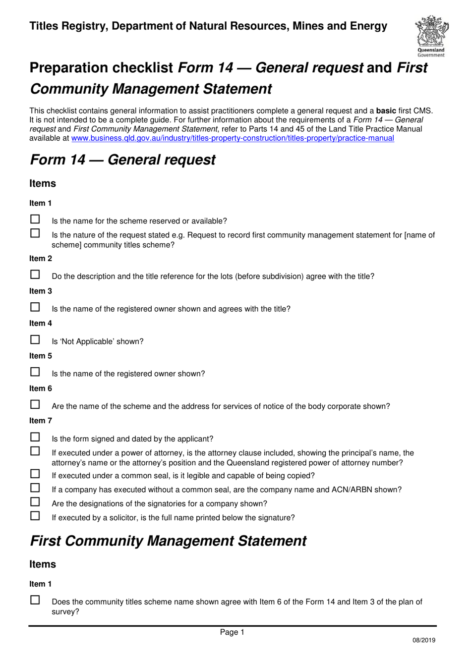 Form 14 Preparation Checklist - General Request and First Community Management Statement - Queensland, Australia, Page 1