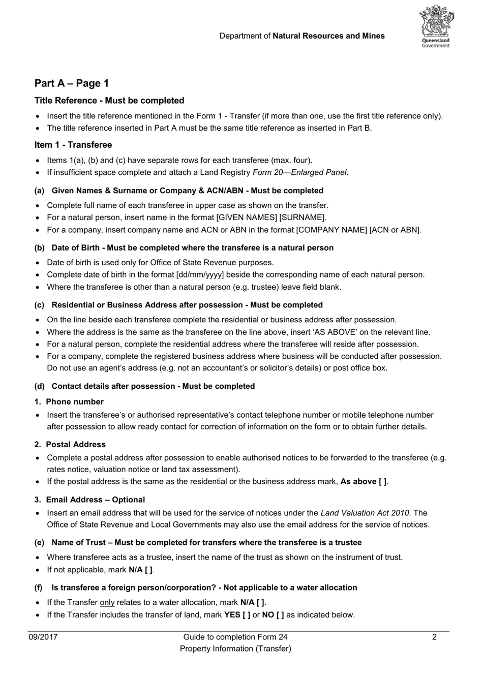 Instructions for Form 24 Property Information (Transfer) - Queensland, Australia, Page 2