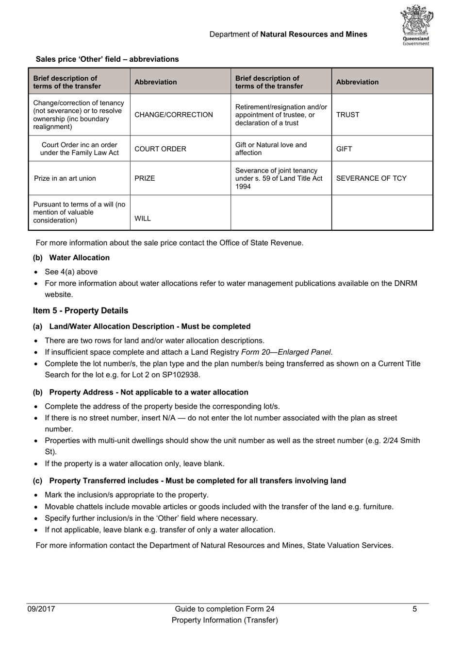 Instructions for Form 24 Property Information (Transfer) - Queensland, Australia, Page 5