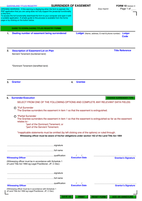 Form 10 Surrender of Easement - Queensland, Australia