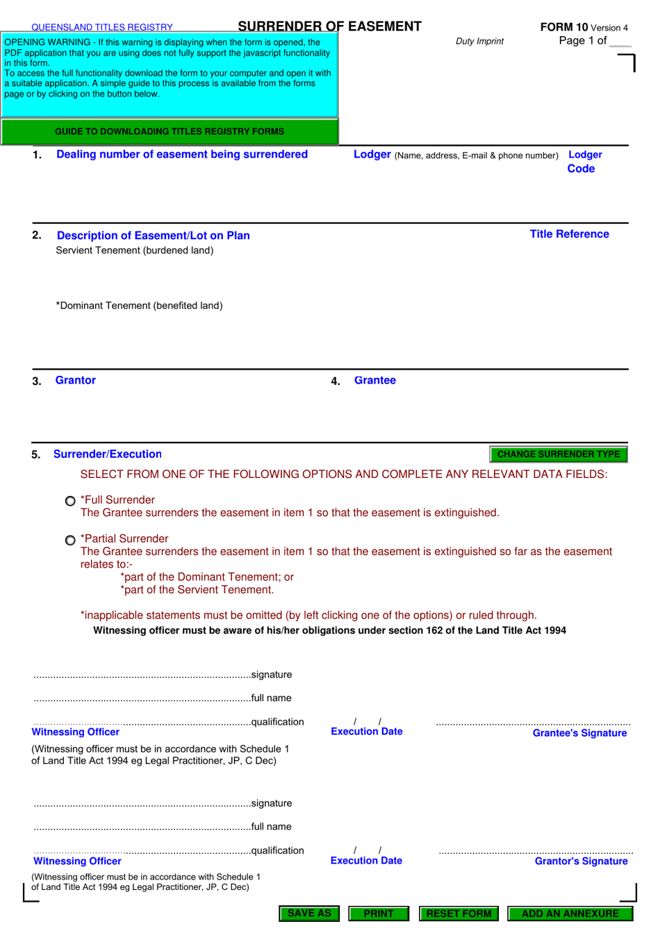 Form 10 Surrender of Easement - Queensland, Australia, Page 1