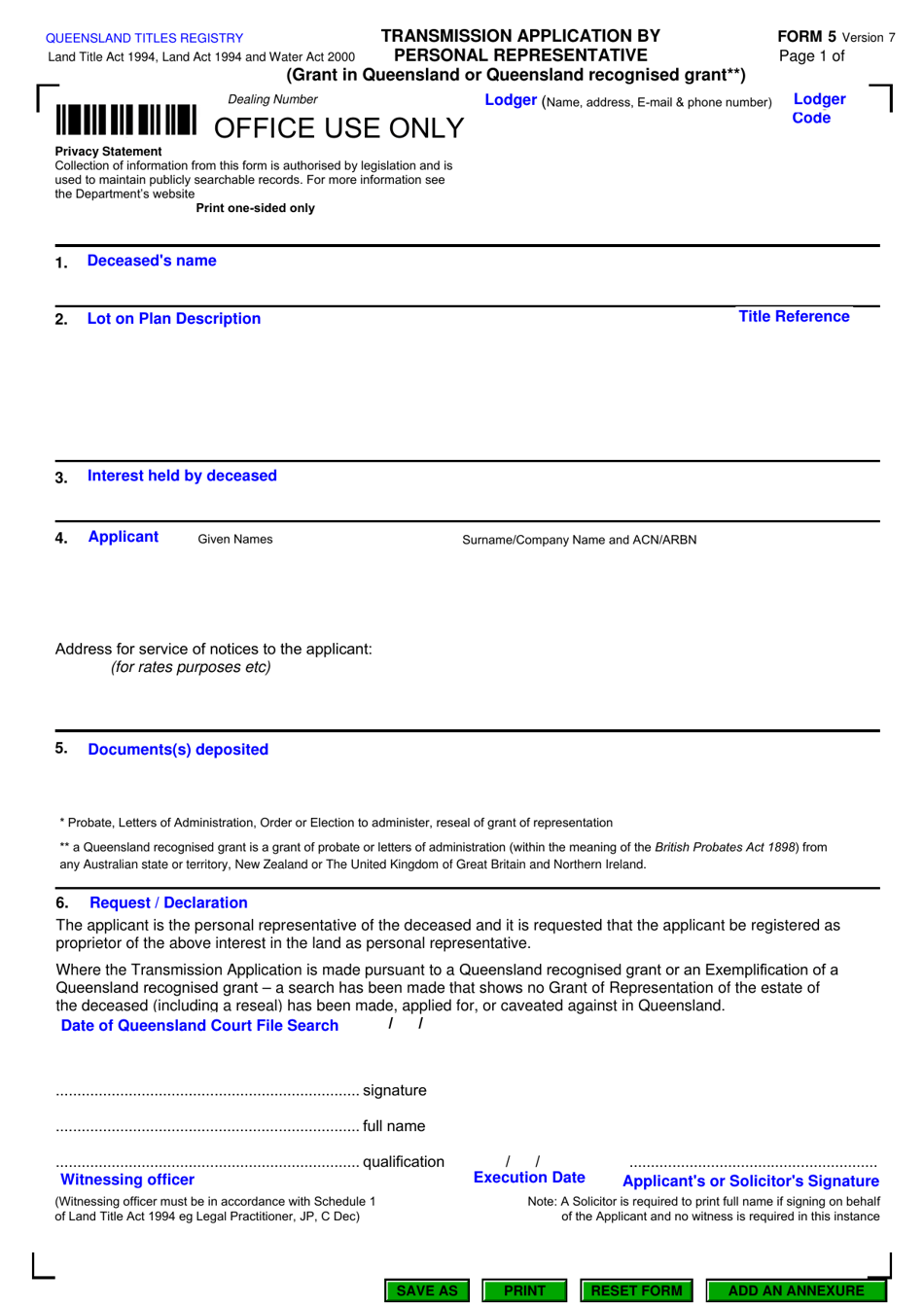 Form 5 Transmission Application by Personal Representative (Grant in Queensland or Queensland Recognised Grant) - Queensland, Australia, Page 1