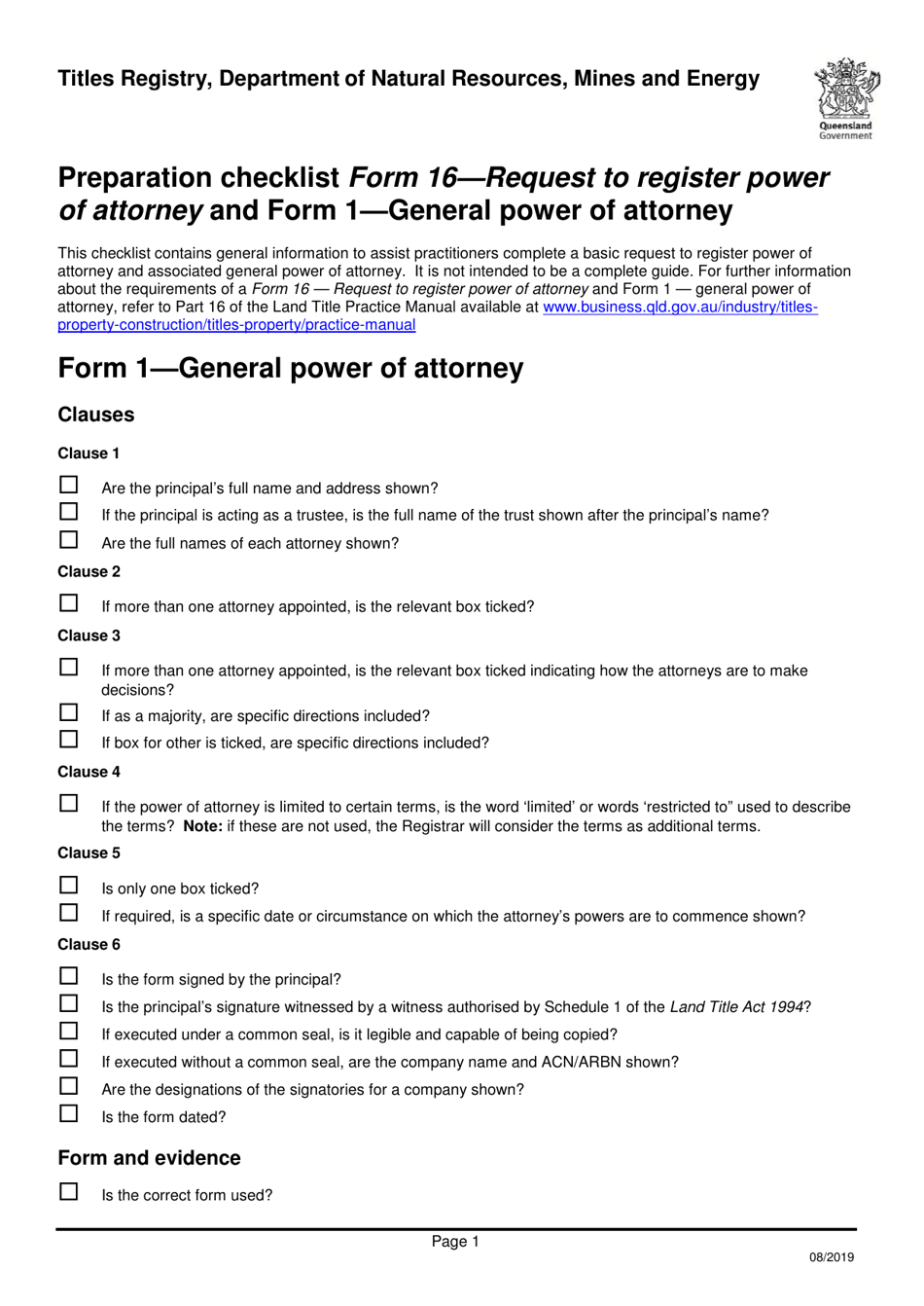 Form 16 (1) Preparation Checklist - Request to Register Power of Attorney and General Power of Attorney - Queensland, Australia, Page 1