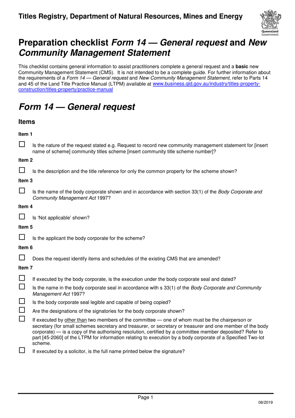 Form 14 Preparation Checklist - General Request and New Community Management Statement - Queensland, Australia, Page 1