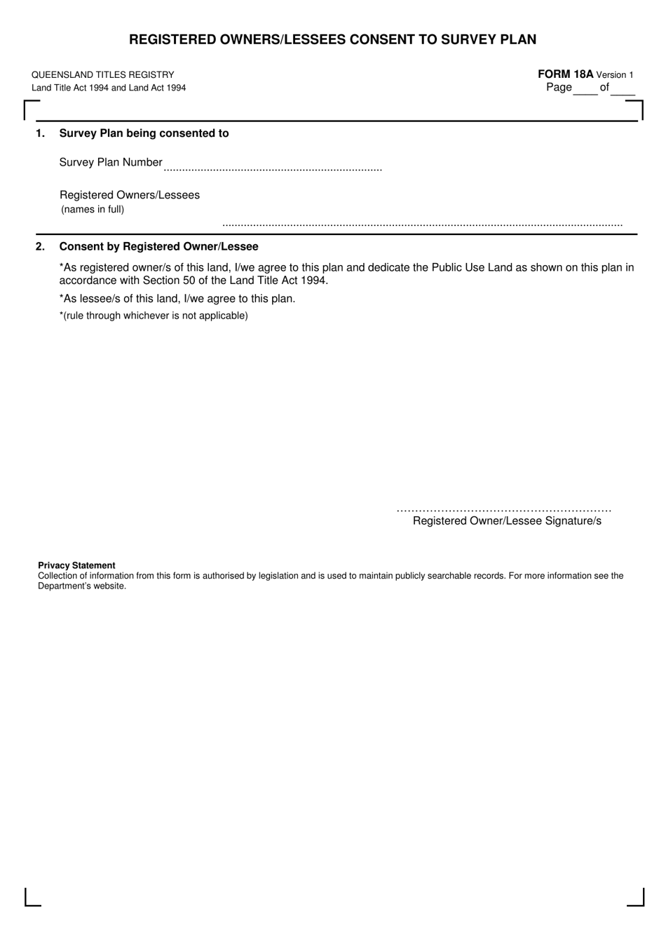 Form 18A Registered Owners / Lessees Consent to Survey Plan - Queensland, Australia, Page 1