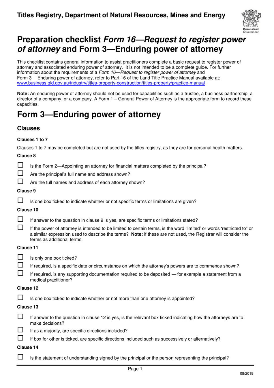Form 16 (3) Preparation Checklist - Request to Register Power of Attorney and Enduring Power of Attorney - Queensland, Australia, Page 1