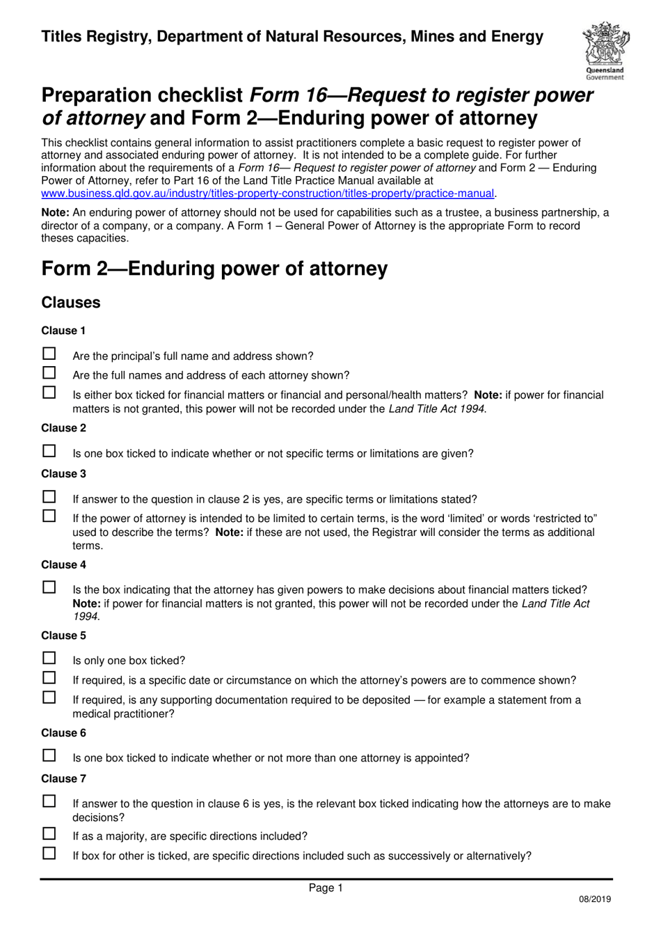 Form 16 (2) Preparation Checklist - Request to Register Power of Attorney and Enduring Power of Attorney - Queensland, Australia, Page 1