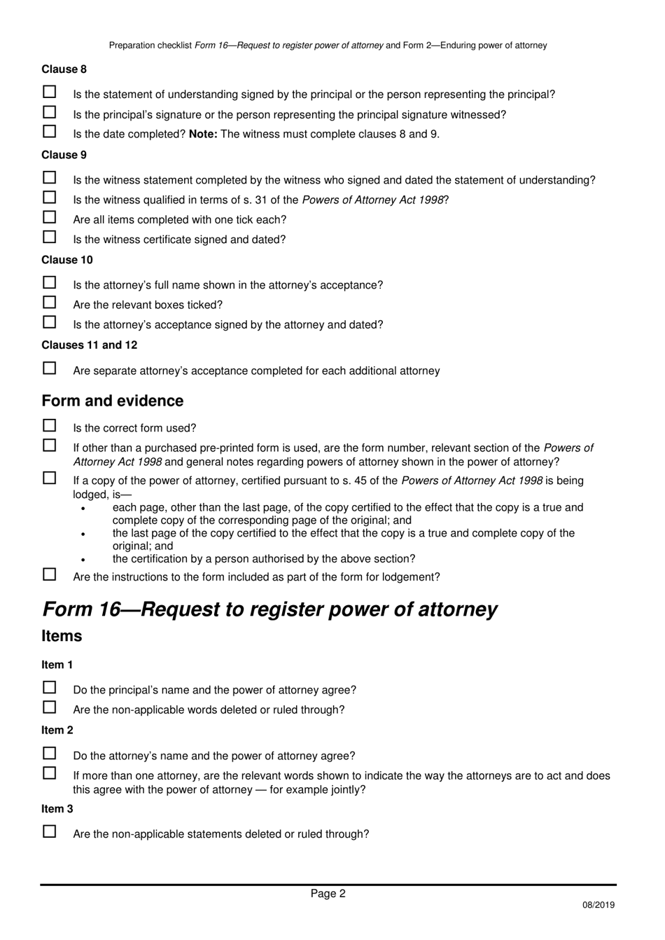 Form 16 (2) Preparation Checklist - Request to Register Power of Attorney and Enduring Power of Attorney - Queensland, Australia, Page 2