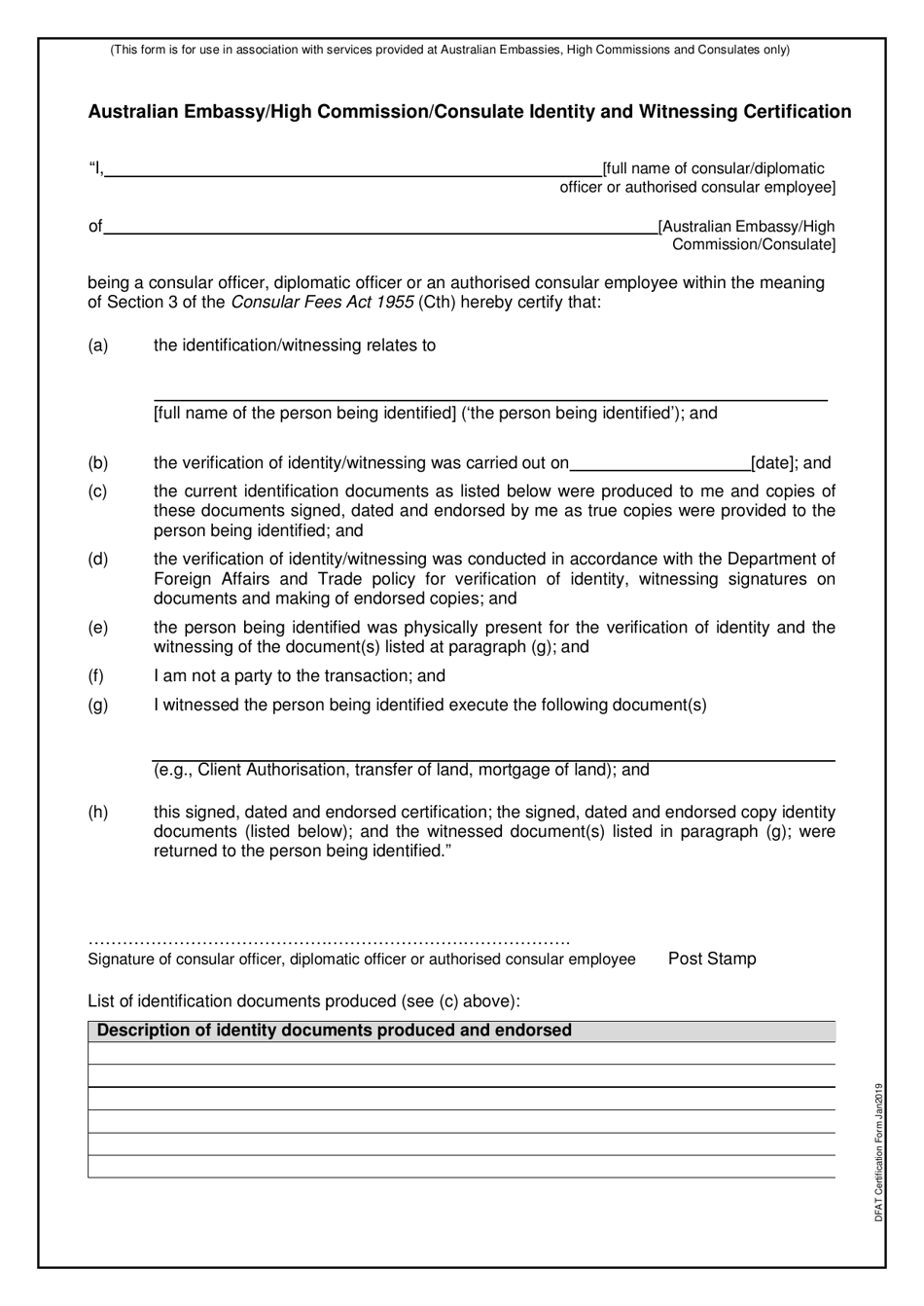 Australian Embassy / High Commission / Consulate Identity and Witnessing Certification - Australia, Page 1