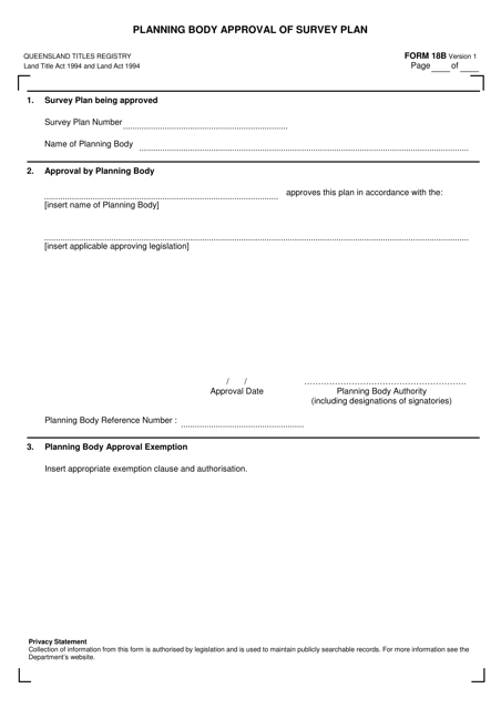 Form 18B Planning Body Approval of Survey Plan - Queensland, Australia