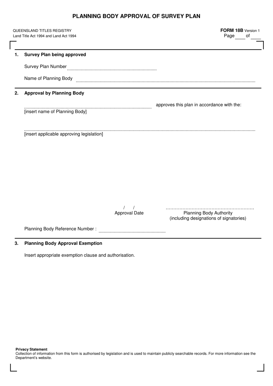 Form 18B Planning Body Approval of Survey Plan - Queensland, Australia, Page 1