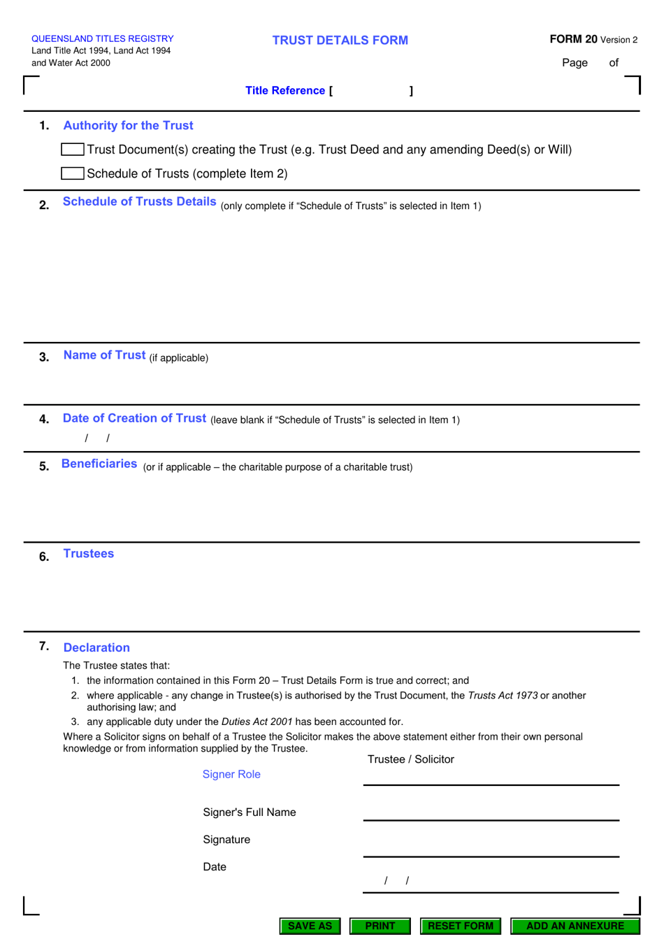 Form 20 Trust Details Form - Queensland, Australia, Page 1