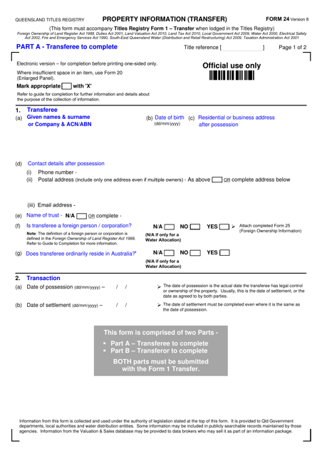 Form 24 Property Information (Transfer) - Queensland, Australia