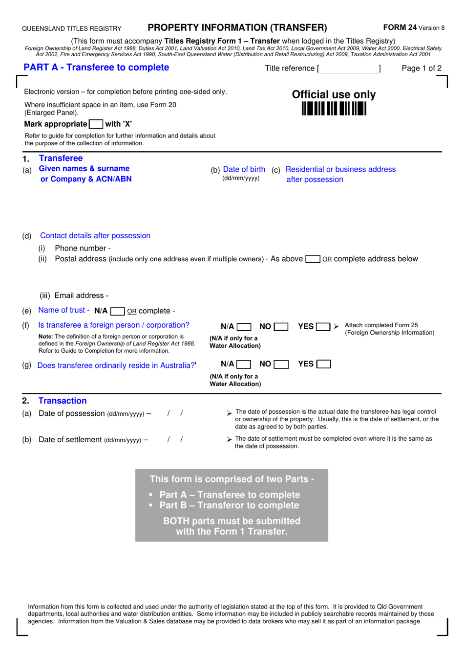 Form 24 Property Information (Transfer) - Queensland, Australia, Page 1