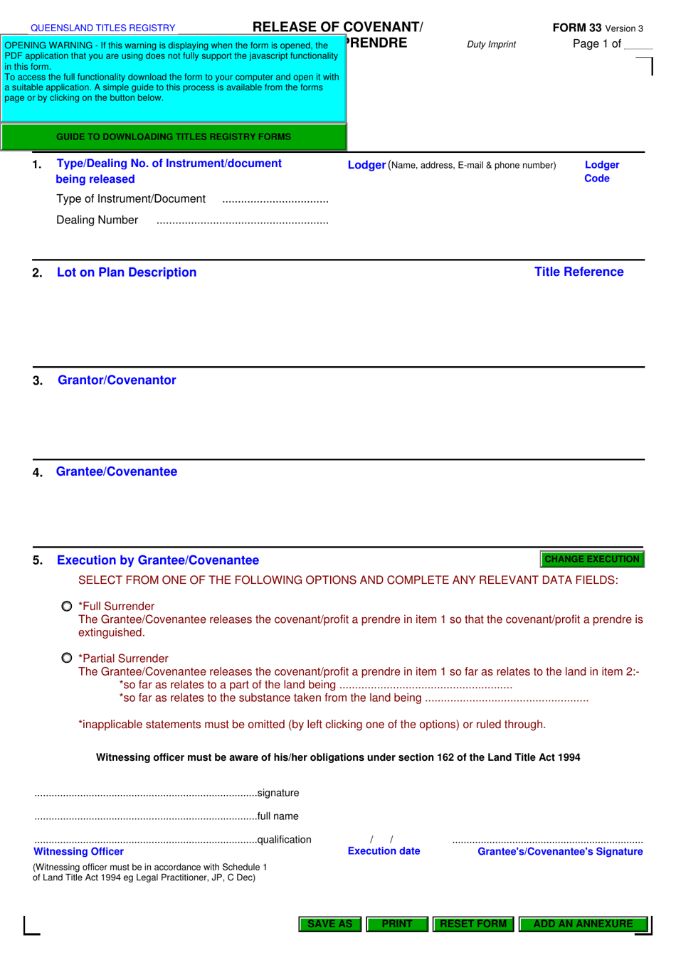 Form 33 Release of Covenant / Profit a Prendre - Queensland, Australia, Page 1