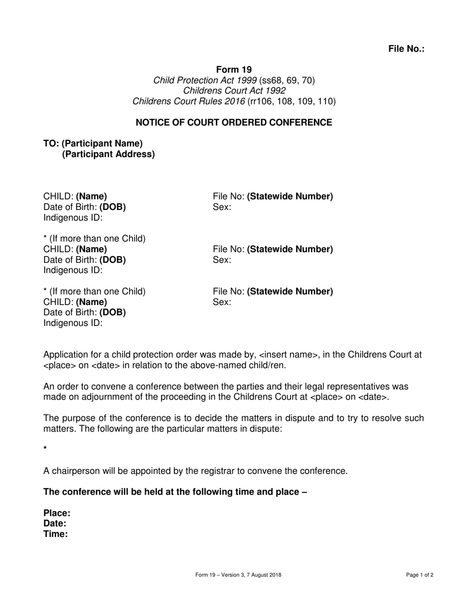 Form 19 Notice of Court Ordered Conference - Queensland, Australia, Page 1