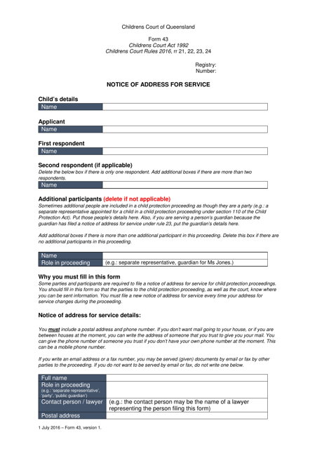 Form 43 Notice of Address for Service - Queensland, Australia