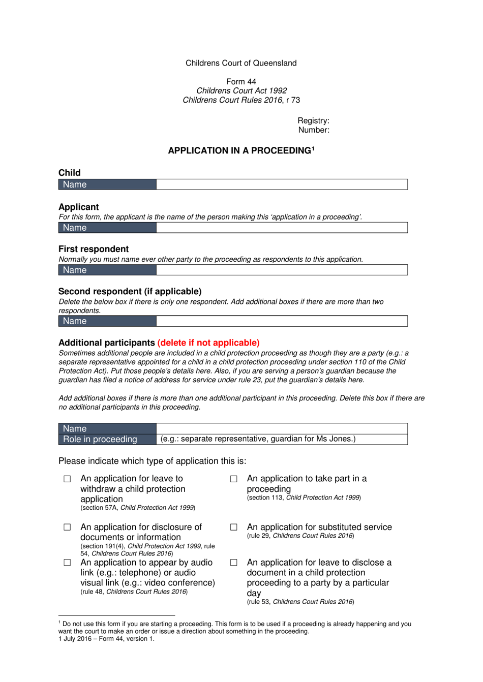 Form 44 Application in a Proceeding - Queensland, Australia, Page 1