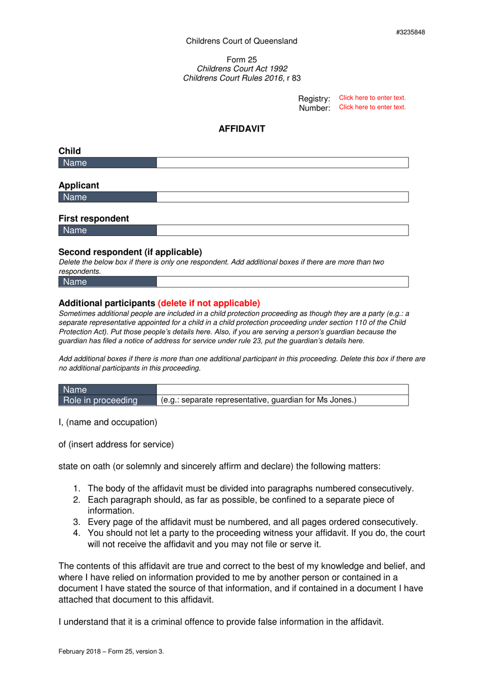 Form 25 Affidavit - Queensland, Australia, Page 1