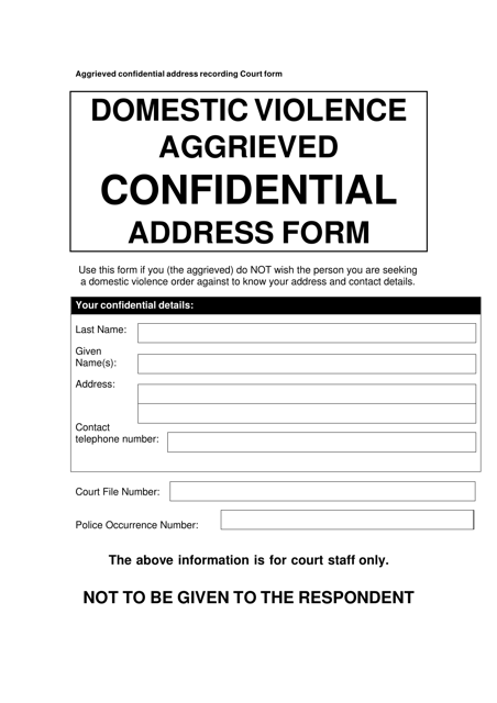 Domestic Violence Aggrieved Confidential Address Form - Queensland, Australia