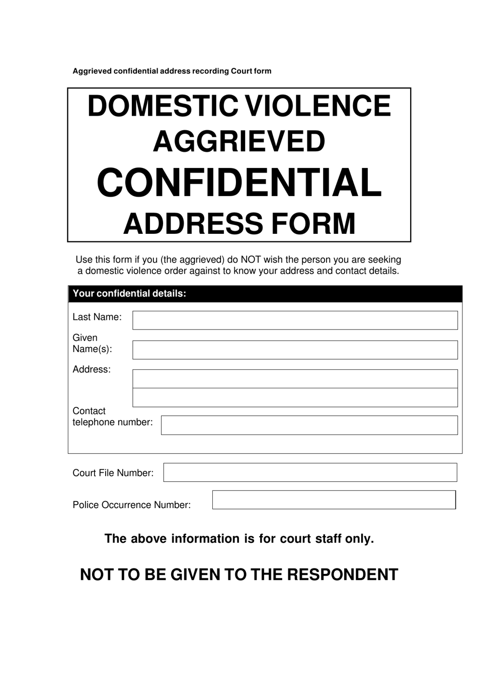 Domestic Violence Aggrieved Confidential Address Form - Queensland, Australia, Page 1
