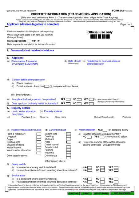 Form 24A Property Information (Transmission Application) - Queensland, Australia