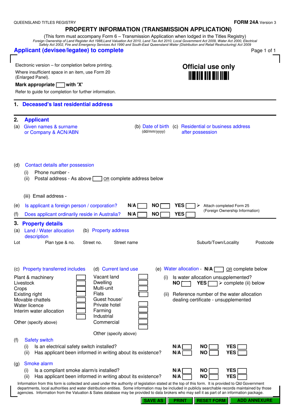 Form 24A Property Information (Transmission Application) - Queensland, Australia, Page 1