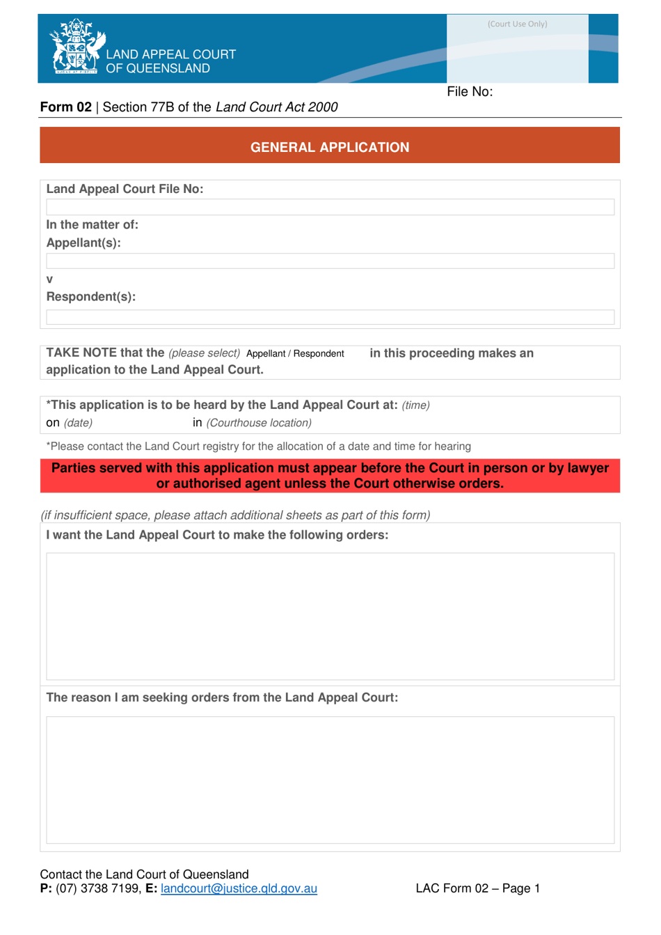 Form 02 General Application - Queensland, Australia, Page 1