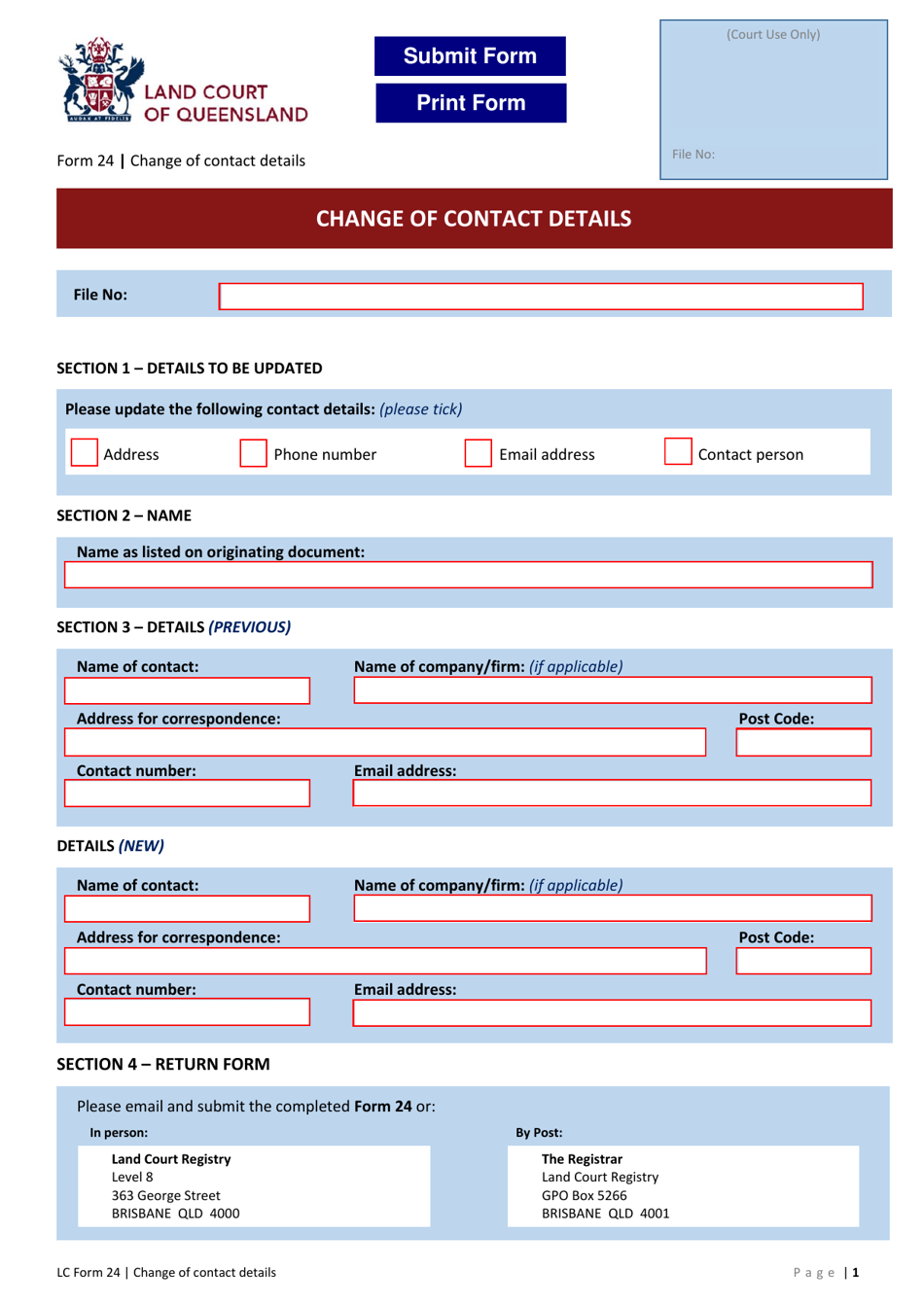 Form 24 Change of Contact Details - Queensland, Australia, Page 1