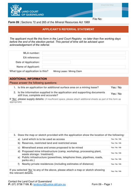 Form 09 Applicant's Referral Statement - Queensland, Australia