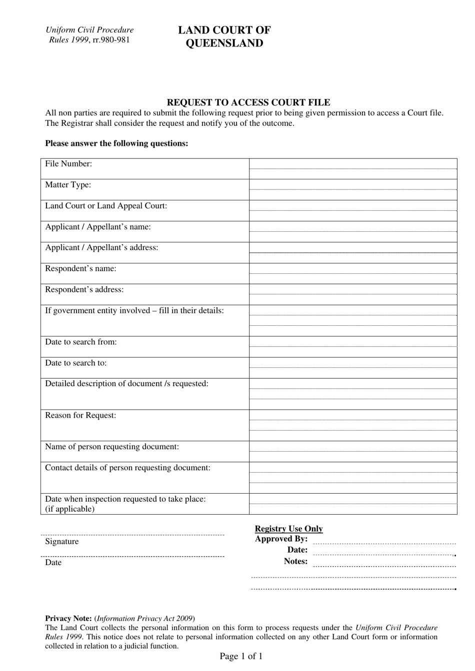 Request to Access Court File Form - Queensland, Australia, Page 1