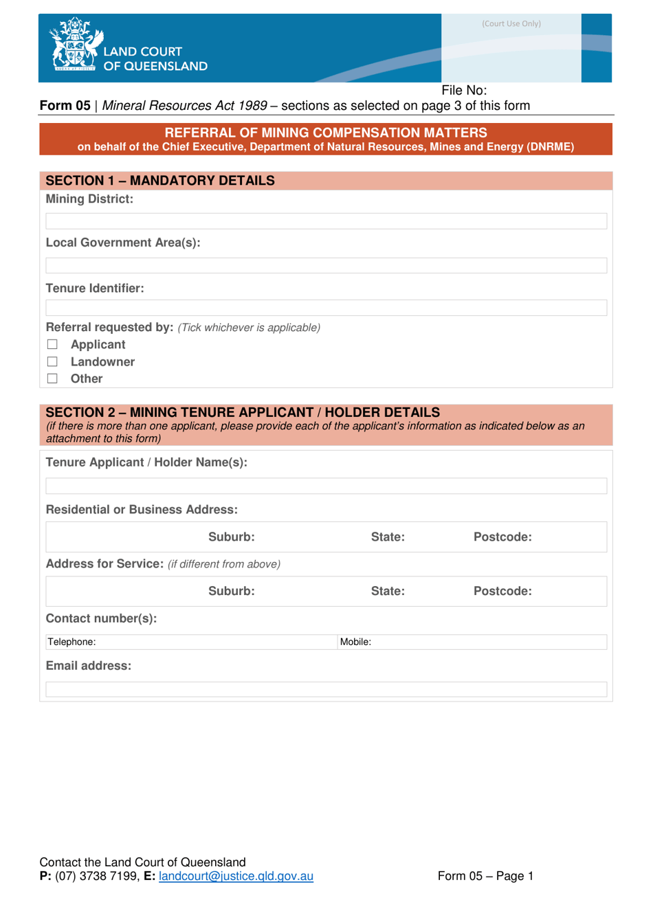 Form 05 Referral of Mining Compensation Matters - Queensland, Australia, Page 1