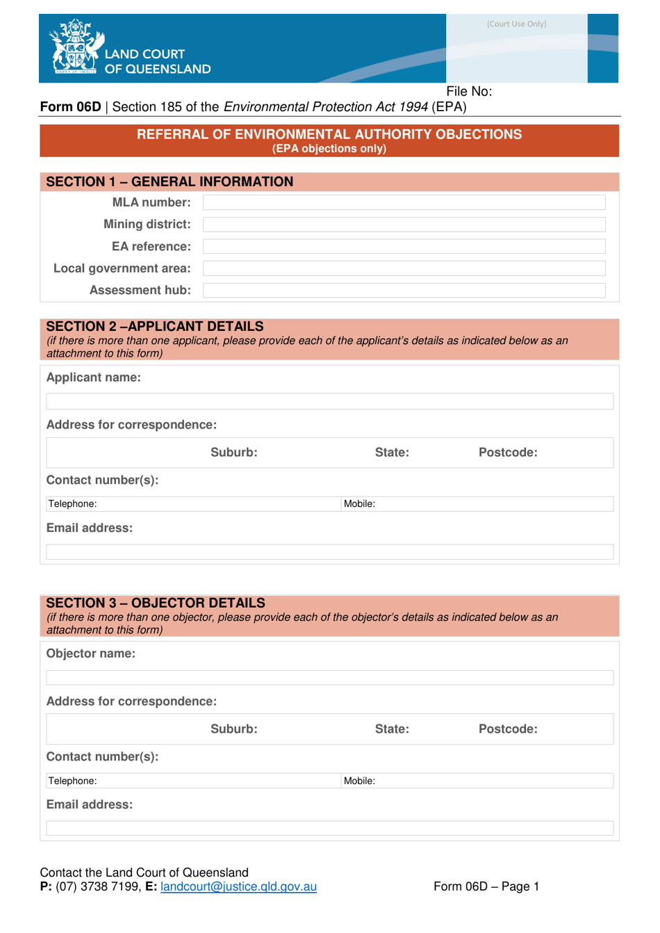 Form 06D Referral of Environmental Authority Objections - Queensland, Australia, Page 1