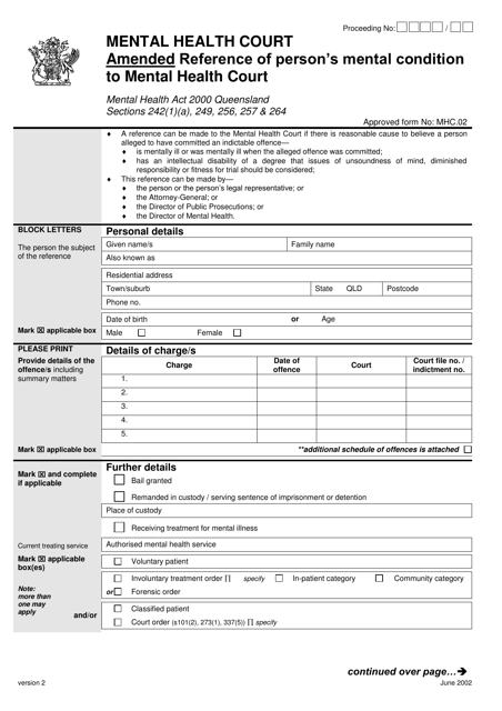 Form 02 Reference of Person's Mental Condition to Mental Health Court - Queensland, Australia