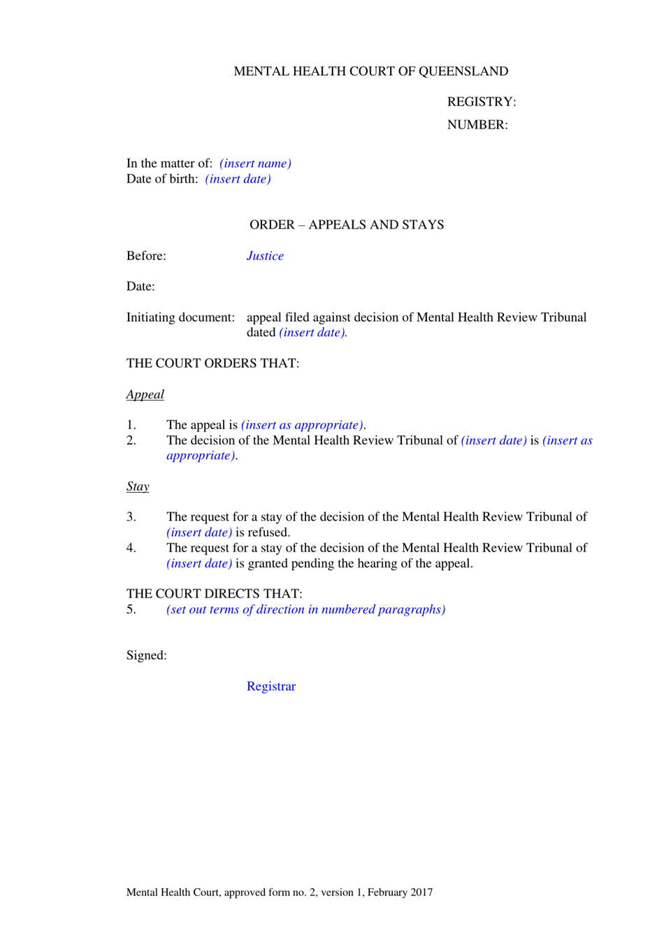 Form 02 Order - Appeals and Stays - Queensland, Australia, Page 1