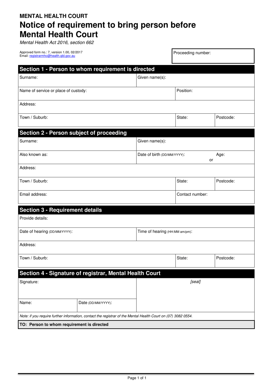 Form 7 Notice of Requirement to Bring Person Before Mental Health Court - Queensland, Australia, Page 1