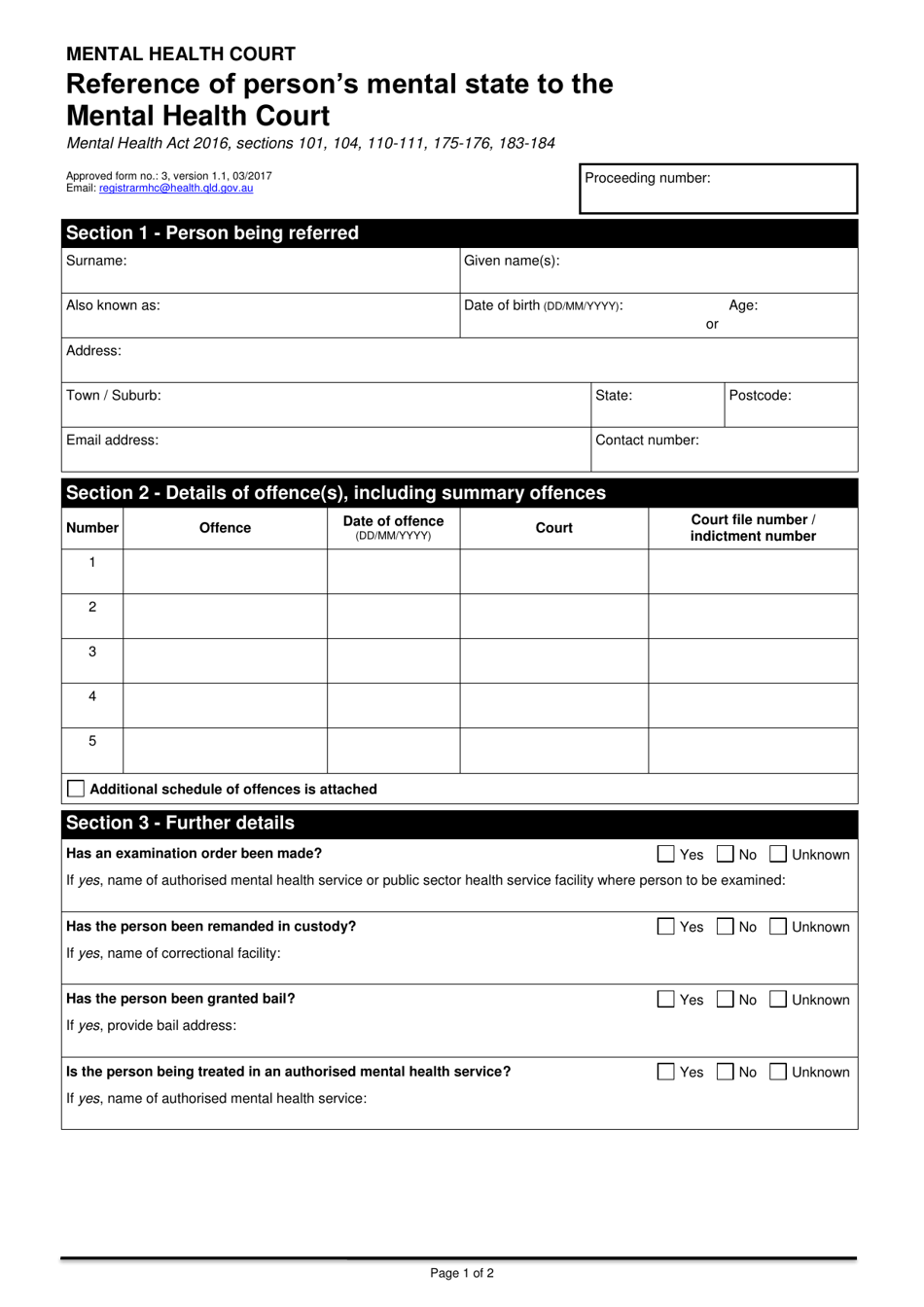 Form 3 Reference of Persons Mental State to the Mental Health Court - Queensland, Australia, Page 1