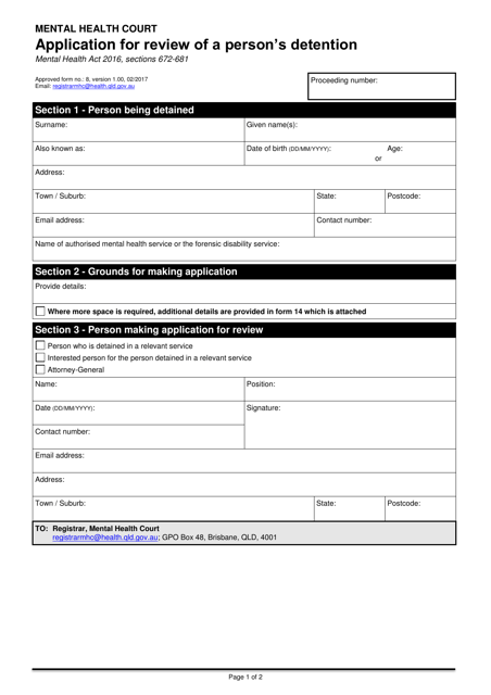 Form 8 Application for Review of a Person's Detention - Queensland, Australia