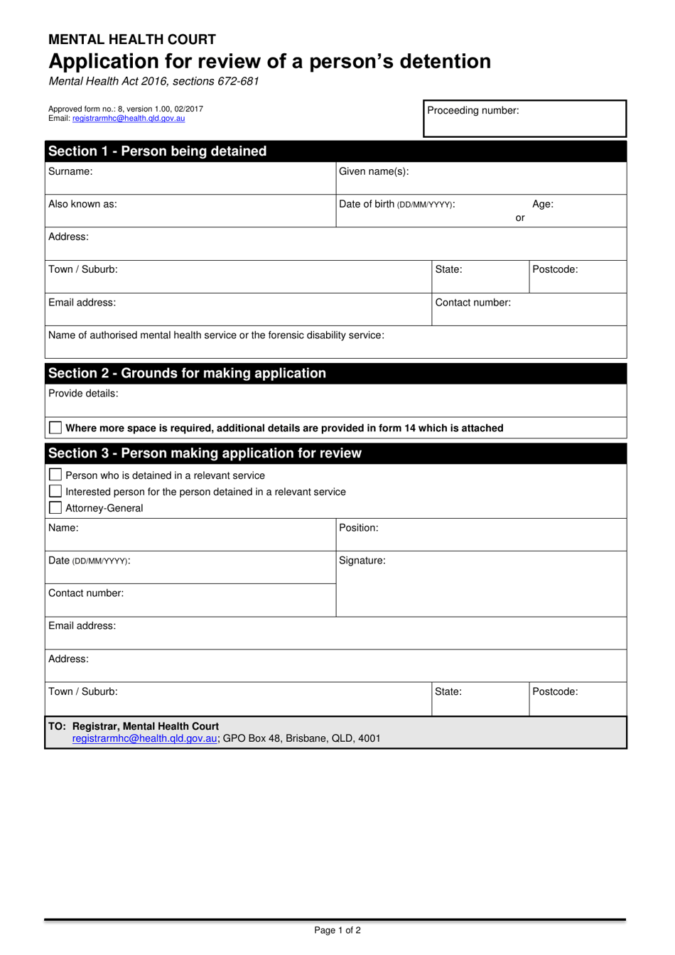 Form 8 Application for Review of a Persons Detention - Queensland, Australia, Page 1