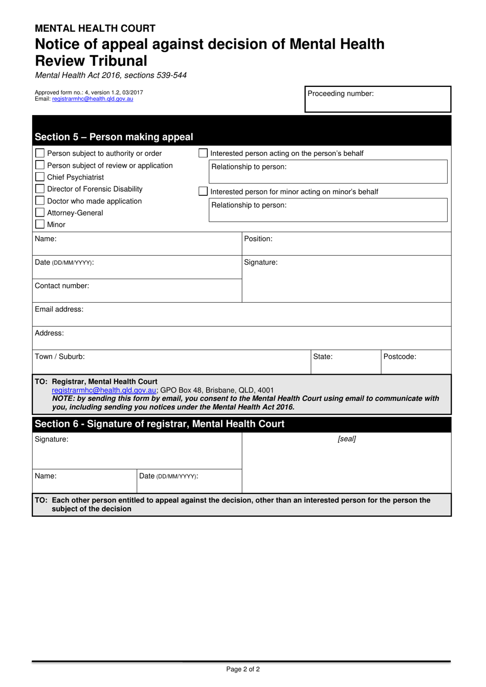 Form 4 Notice of Appeal Against Decision of Mental Health Review Tribunal - Queensland, Australia, Page 2