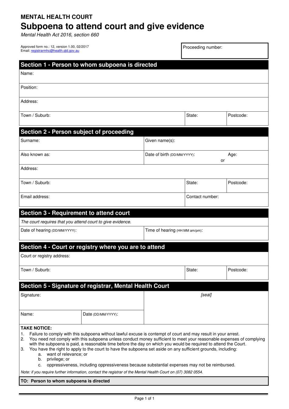 Form 12 Subpoena to Attend Court and Give Evidence - Queensland, Australia, Page 1