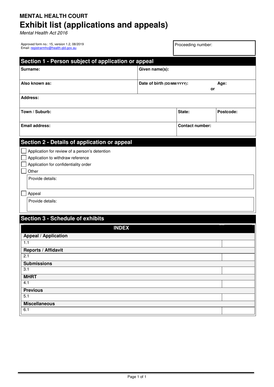 Form 15 Exhibit List (Applications and Appeals) - Queensland, Australia, Page 1