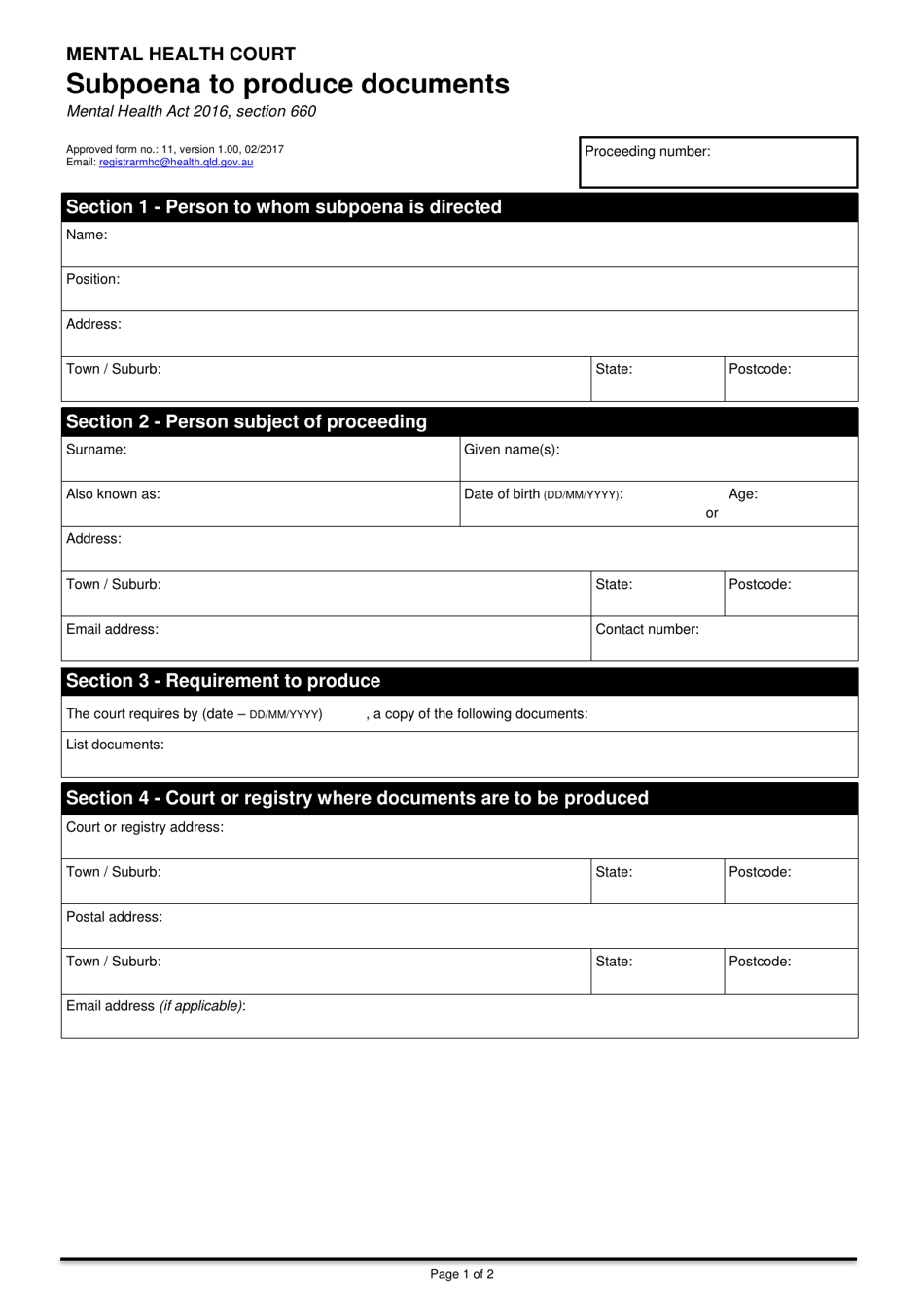 Form 11 Subpoena to Produce Documents - Queensland, Australia, Page 1