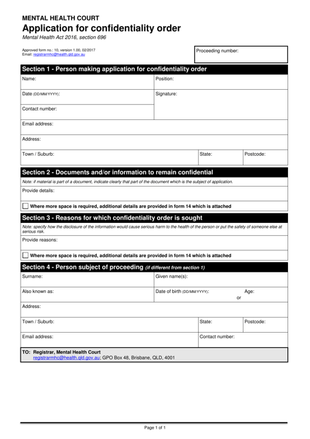 Form 10 Application for Confidentiality Order - Queensland, Australia
