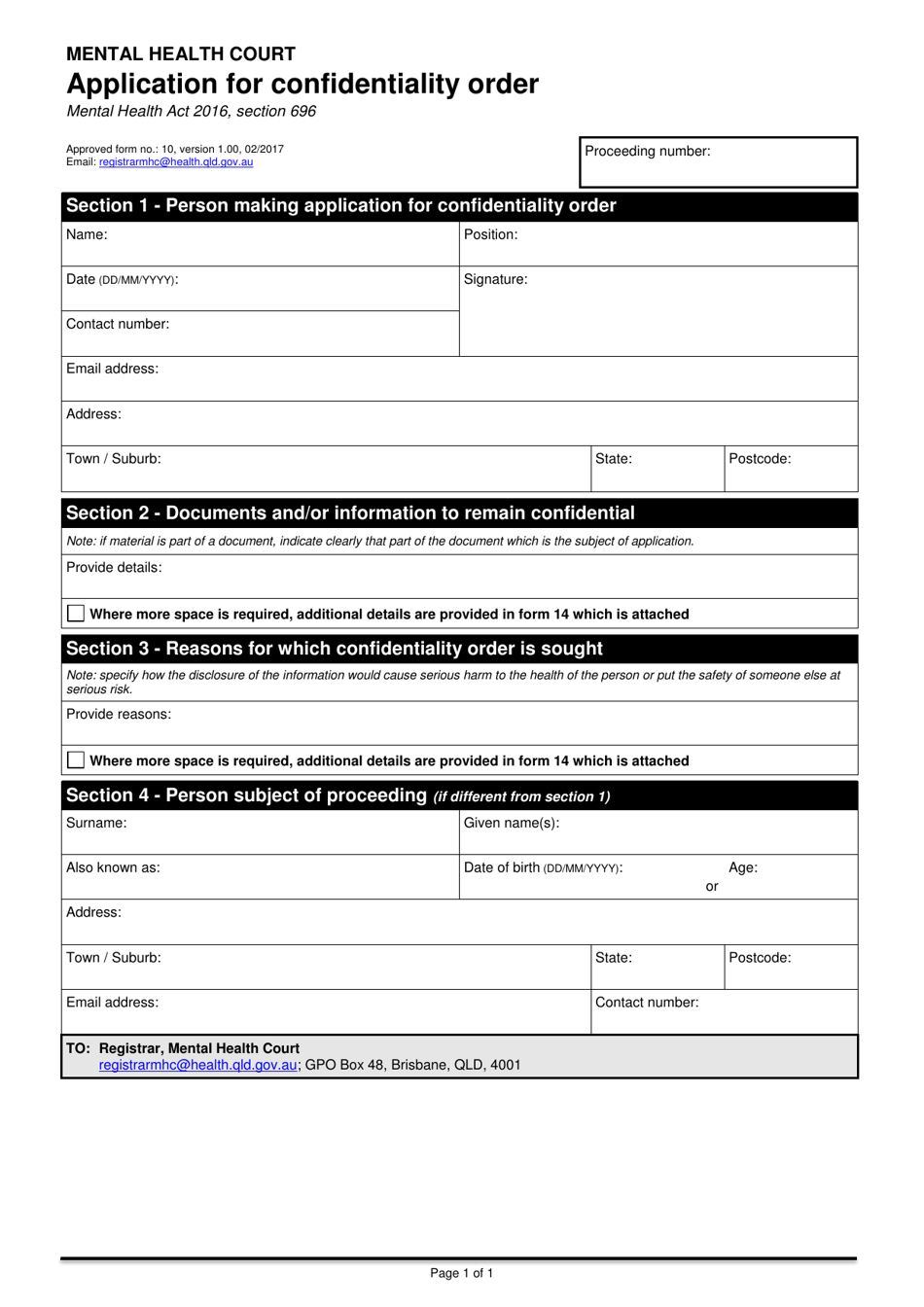 Form 10 Application for Confidentiality Order - Queensland, Australia, Page 1