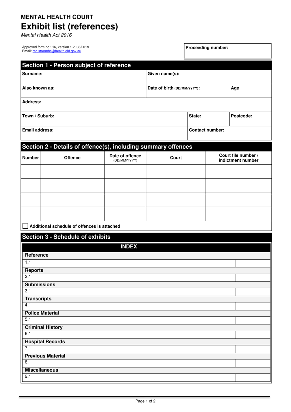 Form 16 Exhibit List (References) - Queensland, Australia, Page 1