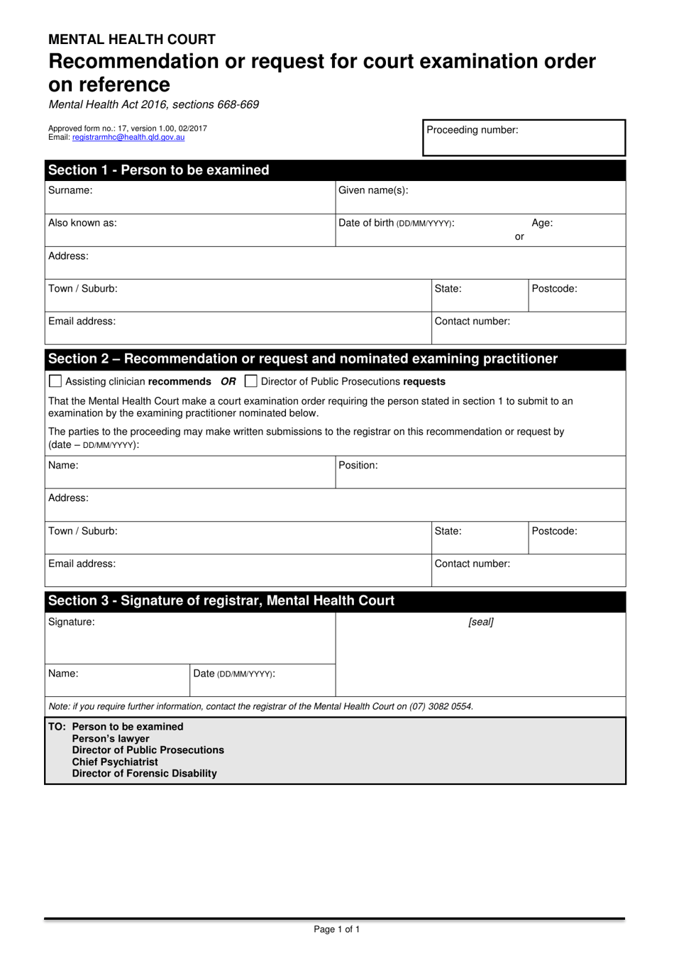 Form 17 Recommendation or Request for Court Examination Order on Reference - Queensland, Australia, Page 1