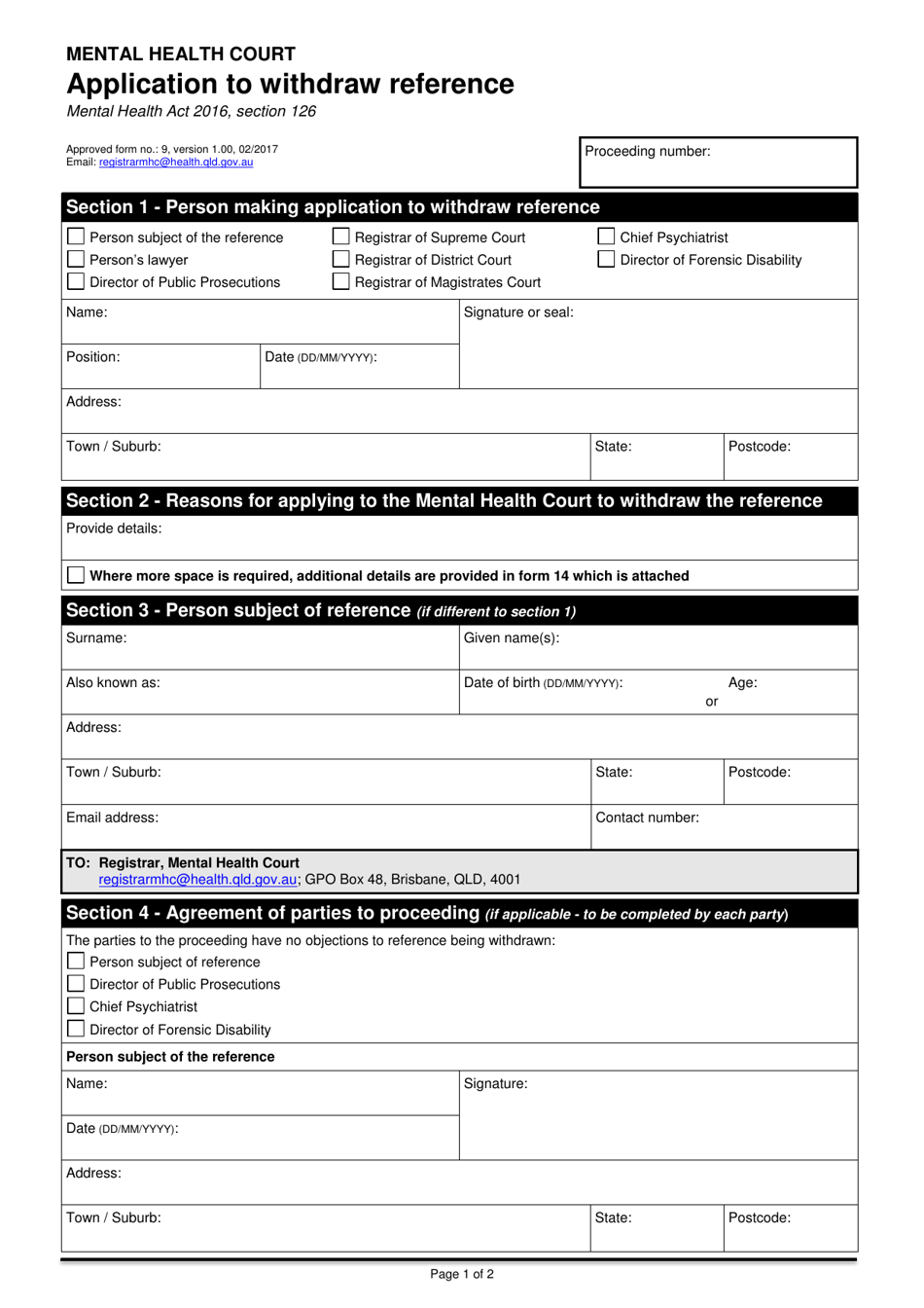 Form 9 Application to Withdraw Reference - Queensland, Australia, Page 1